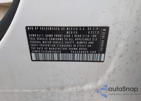 2013 Volkswagen Jetta Se z USA, uszkodzony, nr VIN 3VWDP7AJ6DM208509